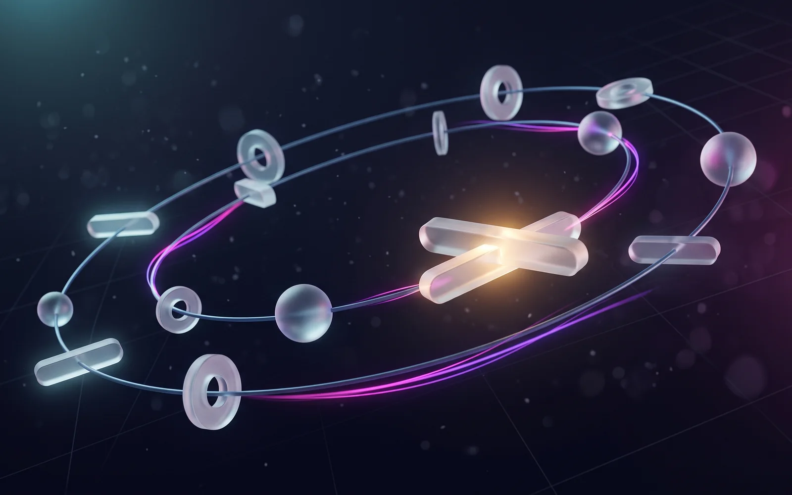 Abstract event constellation of glowing glass nodes and links, a few lit brighter and trailing ribbons of light