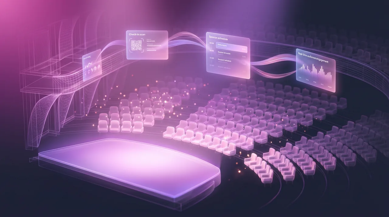 Conceptual illustration of a live event venue with a glowing stage, audience, and floating session and check-in panels
