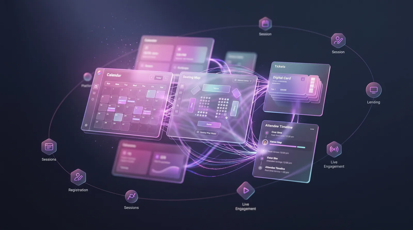 A conceptual unified event-management dashboard showing a calendar, venue seating map, tickets, and an attendee timeline connected by glowing data threads