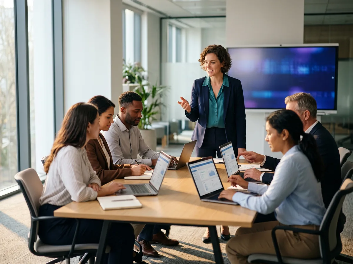 An event-platform training workshop with a facilitator leading a small group of professionals