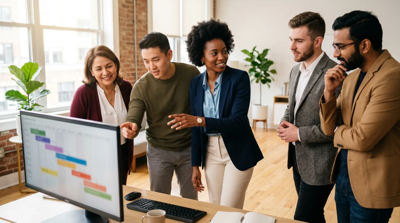 A team of event-management consultants collaborating around a large monitor while helping a customer plan an event