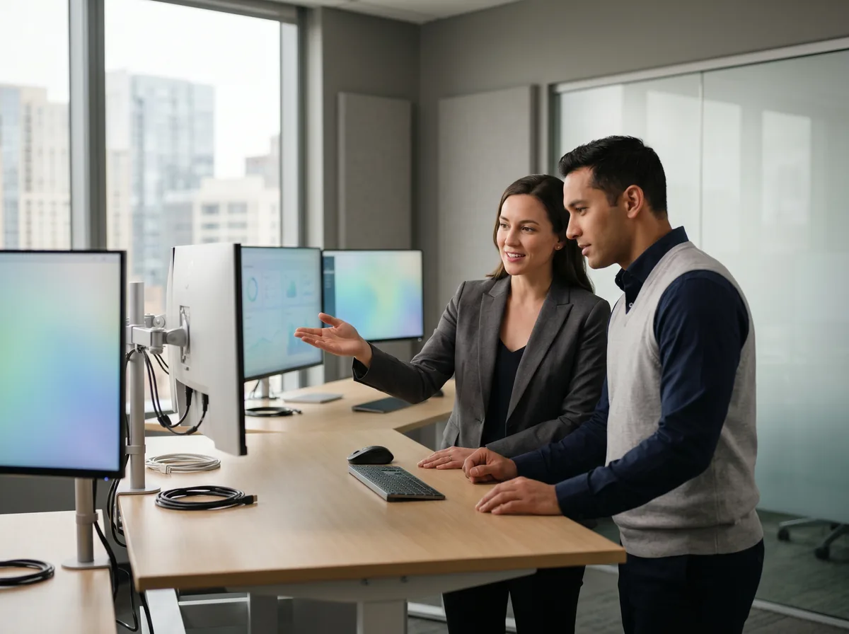 Two event-operations specialists configuring an event setup at a standing desk with multiple monitors in a calm modern office