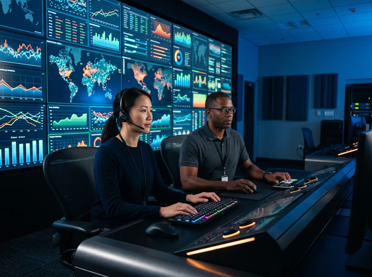 A managed-services operations team monitoring live event dashboards on a wall of large screens in a calm operations center