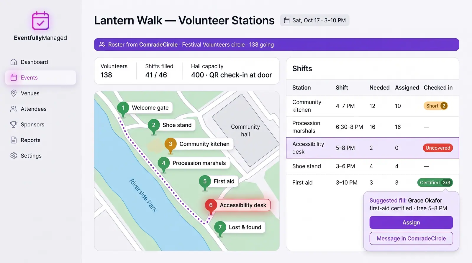 Concept illustration of a festival volunteer board with numbered stations on a park map, a shifts table with coverage status and a suggested fill