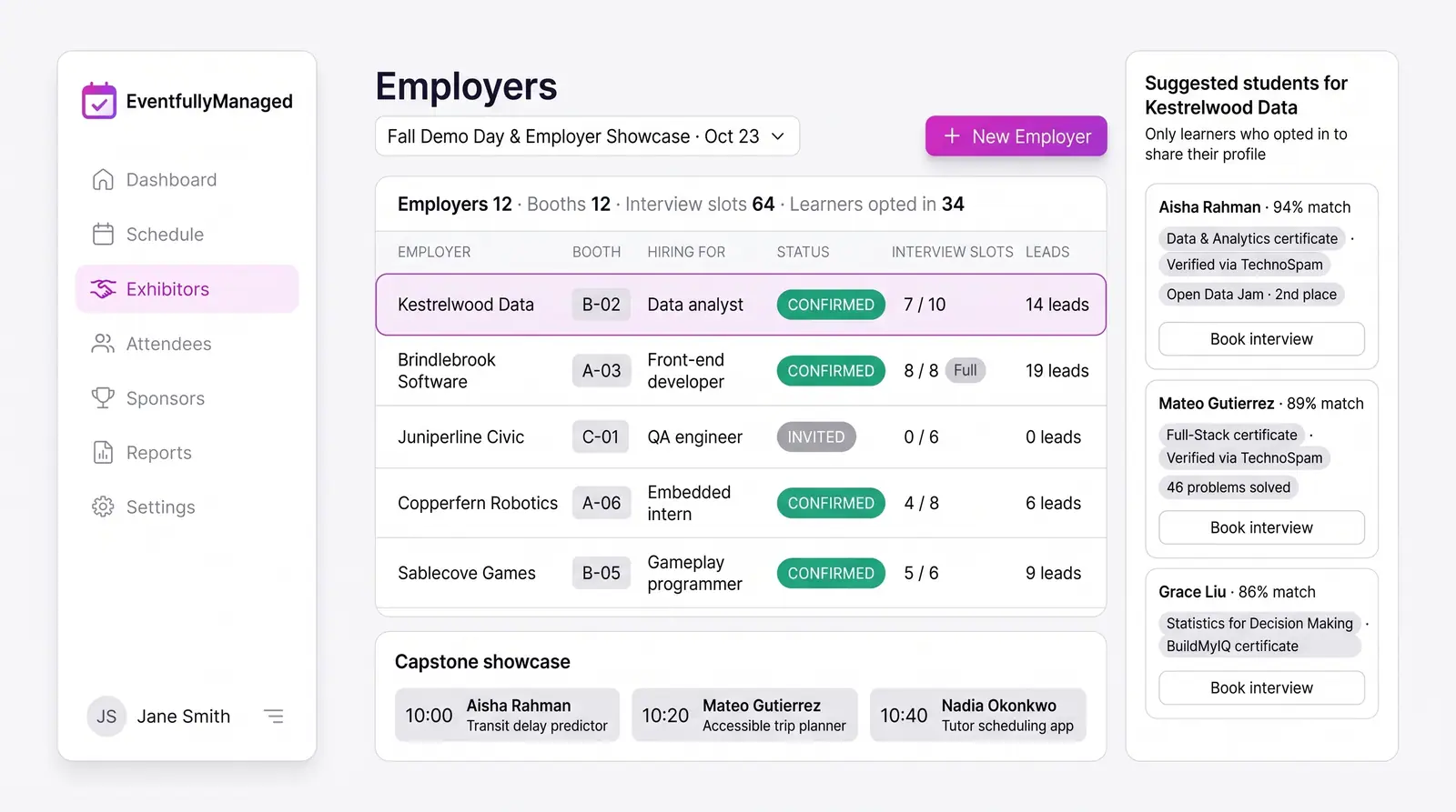 Concept illustration of an employers table with booths, roles, interview slots and leads beside opted-in students with verified certificates