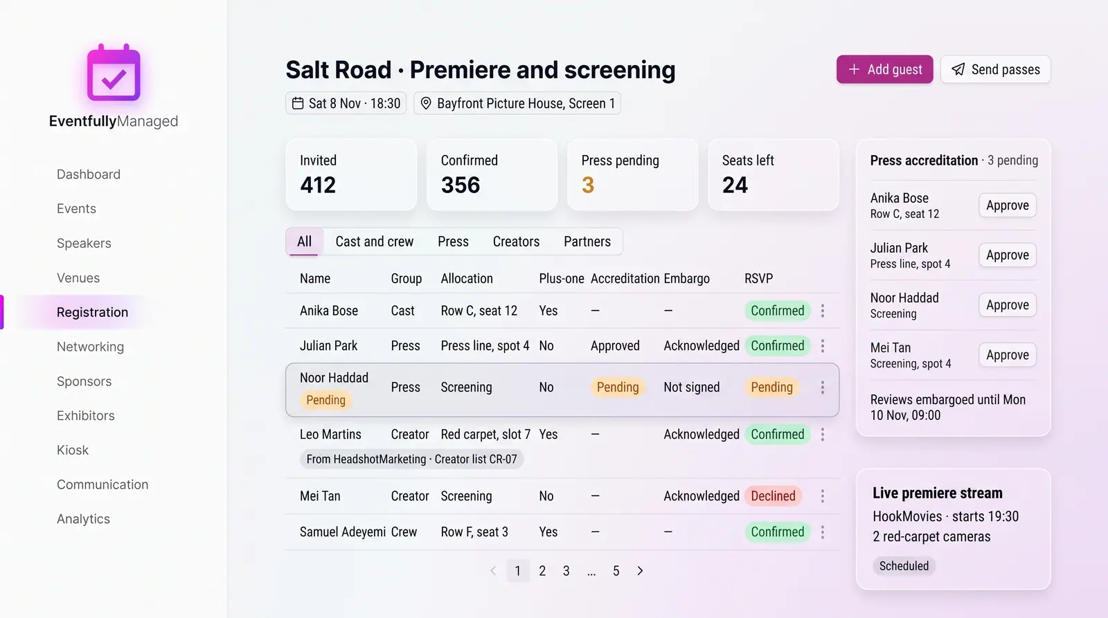 Concept illustration of a premiere guest list with seat allocations, accreditation, embargo and RSVP columns, a press approval queue and a stream card