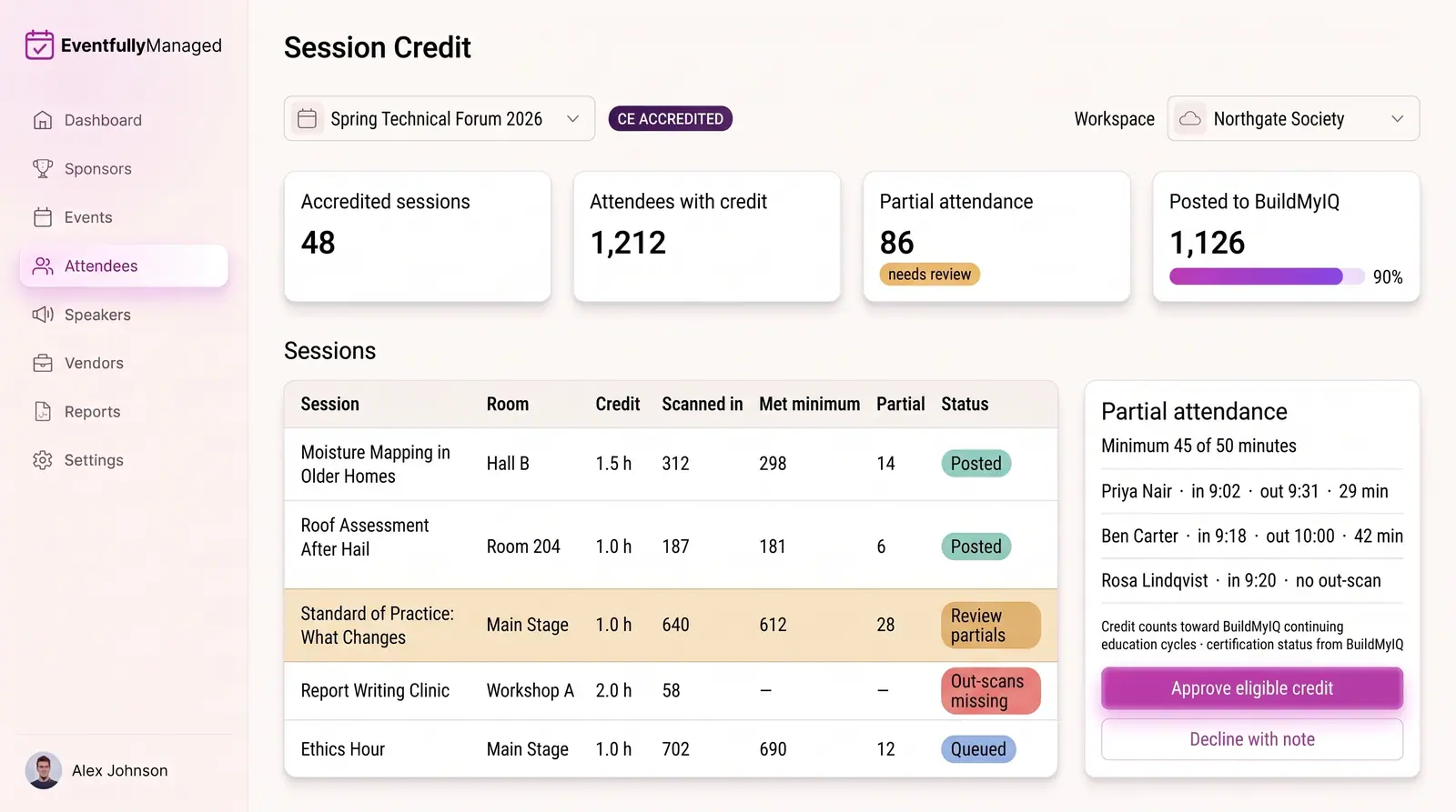 Concept illustration of a session credit ledger with summary tiles, an accredited sessions table and a partial attendance review panel