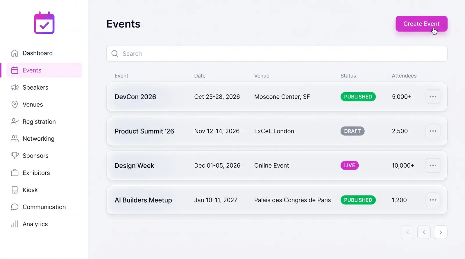 Concept illustration of an events table listing event, date, venue, status pill and attendee count, with a create-event button.
