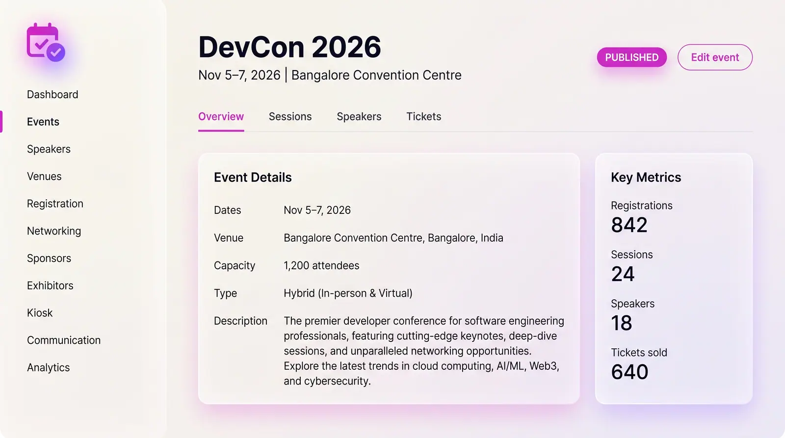 Concept illustration of an event detail page showing an event details card beside a key metrics card, under four tabs.