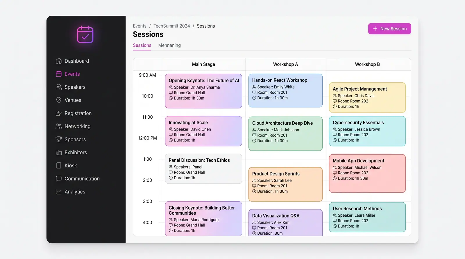 Concept illustration of a multi-track agenda grid with a main stage and two workshop columns and color-coded session blocks.