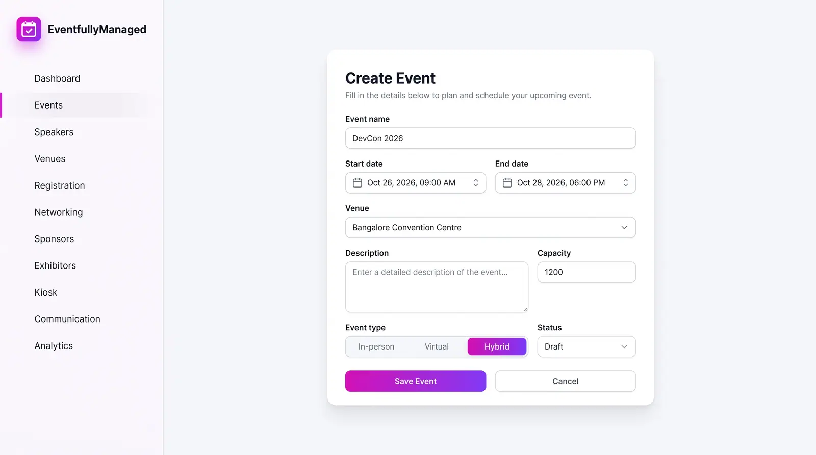 Concept illustration of a create-event form with name, start and end dates, venue, description, capacity, type and status fields.