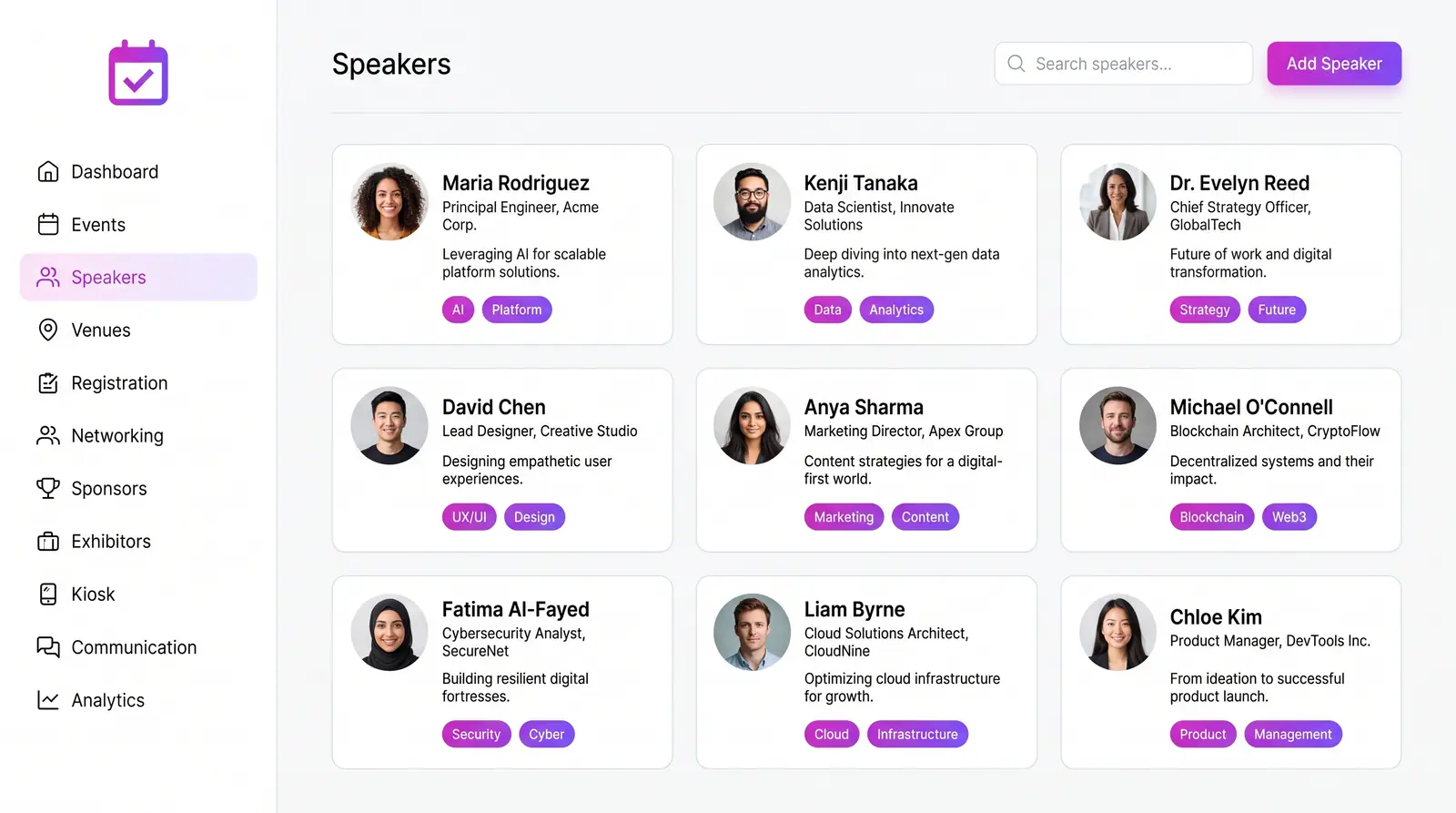 Concept illustration of a speaker roster: a grid of cards with headshots, roles, one-line talk summaries and topic tags.