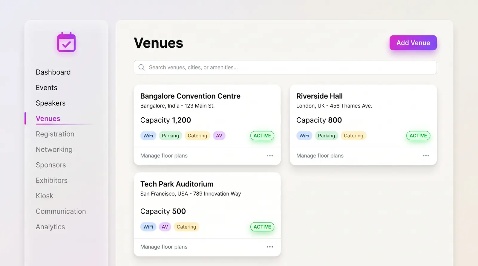 Concept illustration of a venue library: cards showing address, capacity, amenity tags, an active status and a floor-plans link.