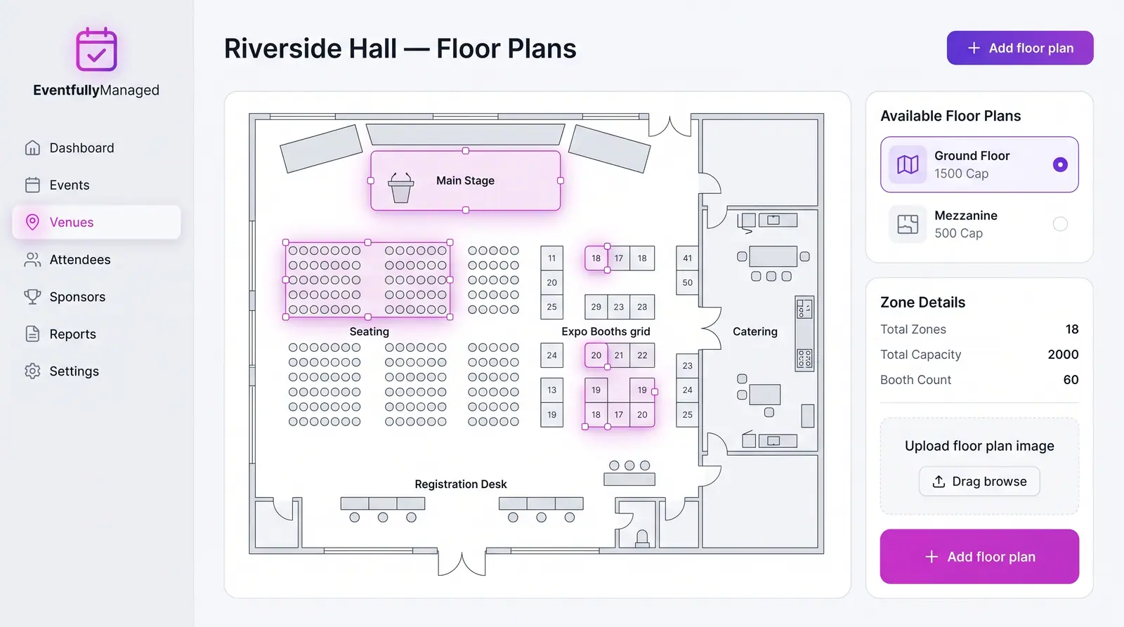 Concept illustration of a venue floor plan with a main stage, seating blocks, a numbered booth grid, catering and a registration desk.
