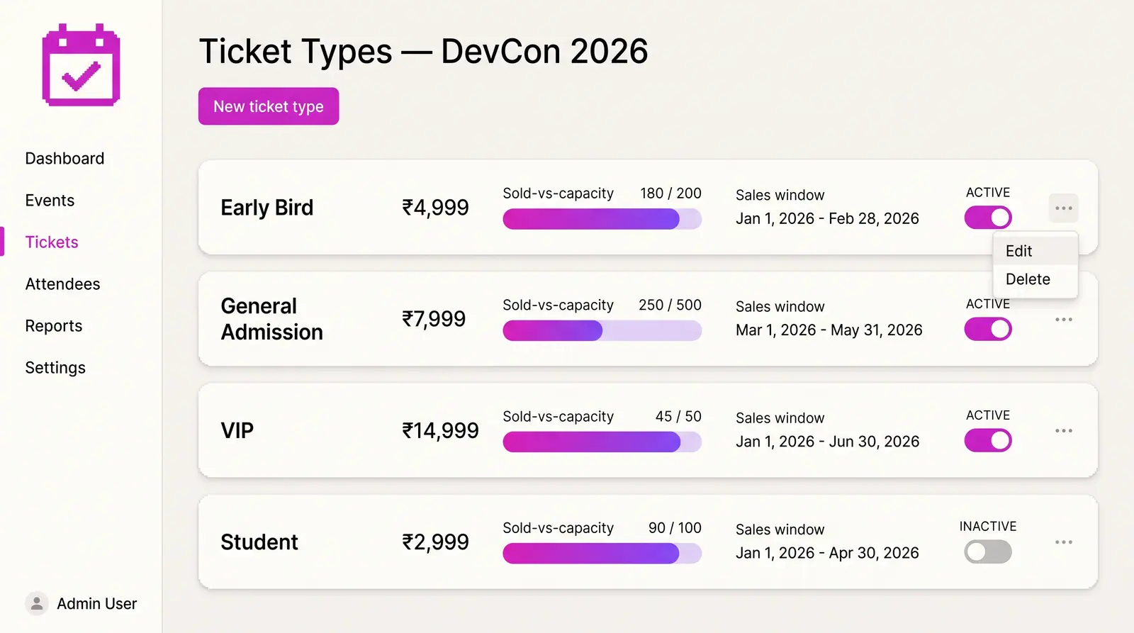 Concept illustration of an EventfullyManaged ticket types page with tier cards showing price, sales against capacity, sales windows and toggles