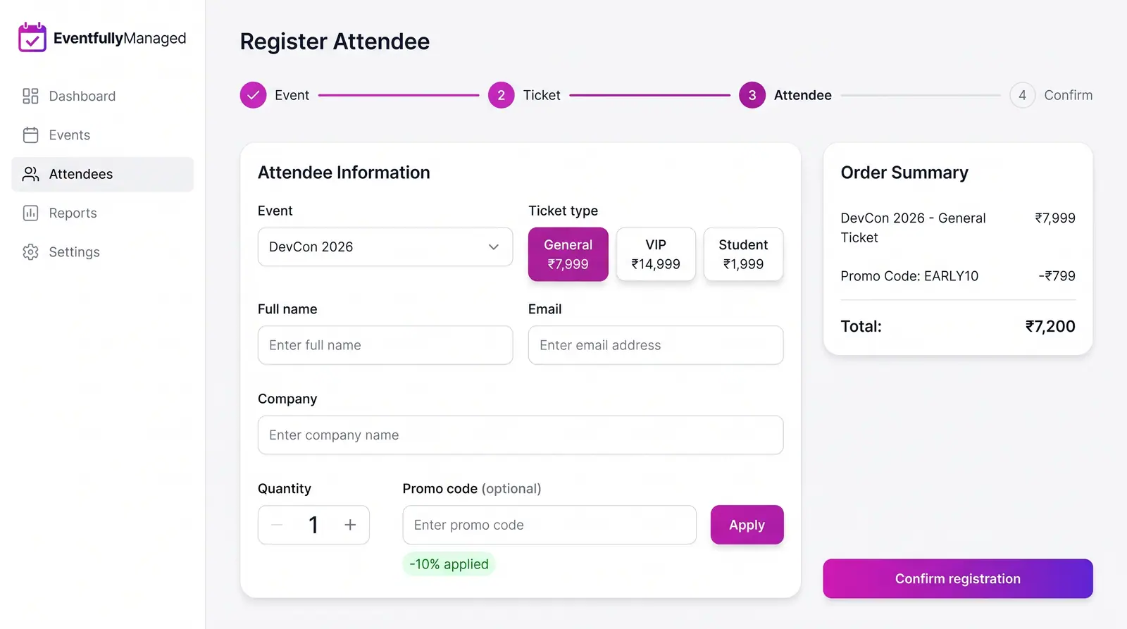 Concept illustration of an EventfullyManaged register attendee form with ticket tiles, a promo code field and an order summary with a total