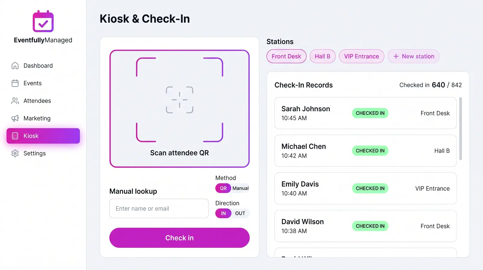 Concept illustration of an EventfullyManaged check-in kiosk with a QR scan area, manual lookup, station chips and a live list of check-ins