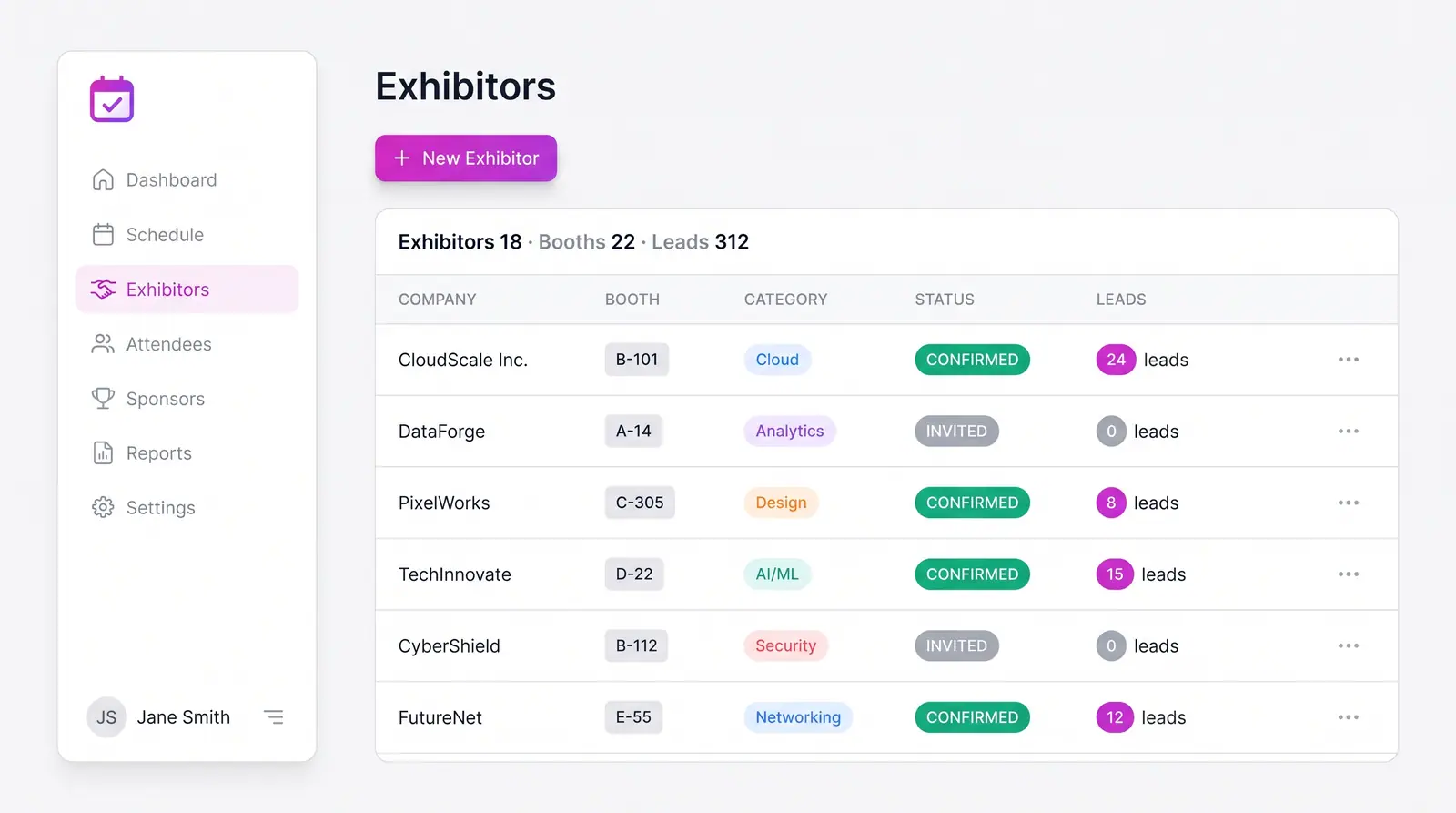 Concept illustration of an EventfullyManaged exhibitors table with booth codes, category tags, confirmed or invited status and lead counts