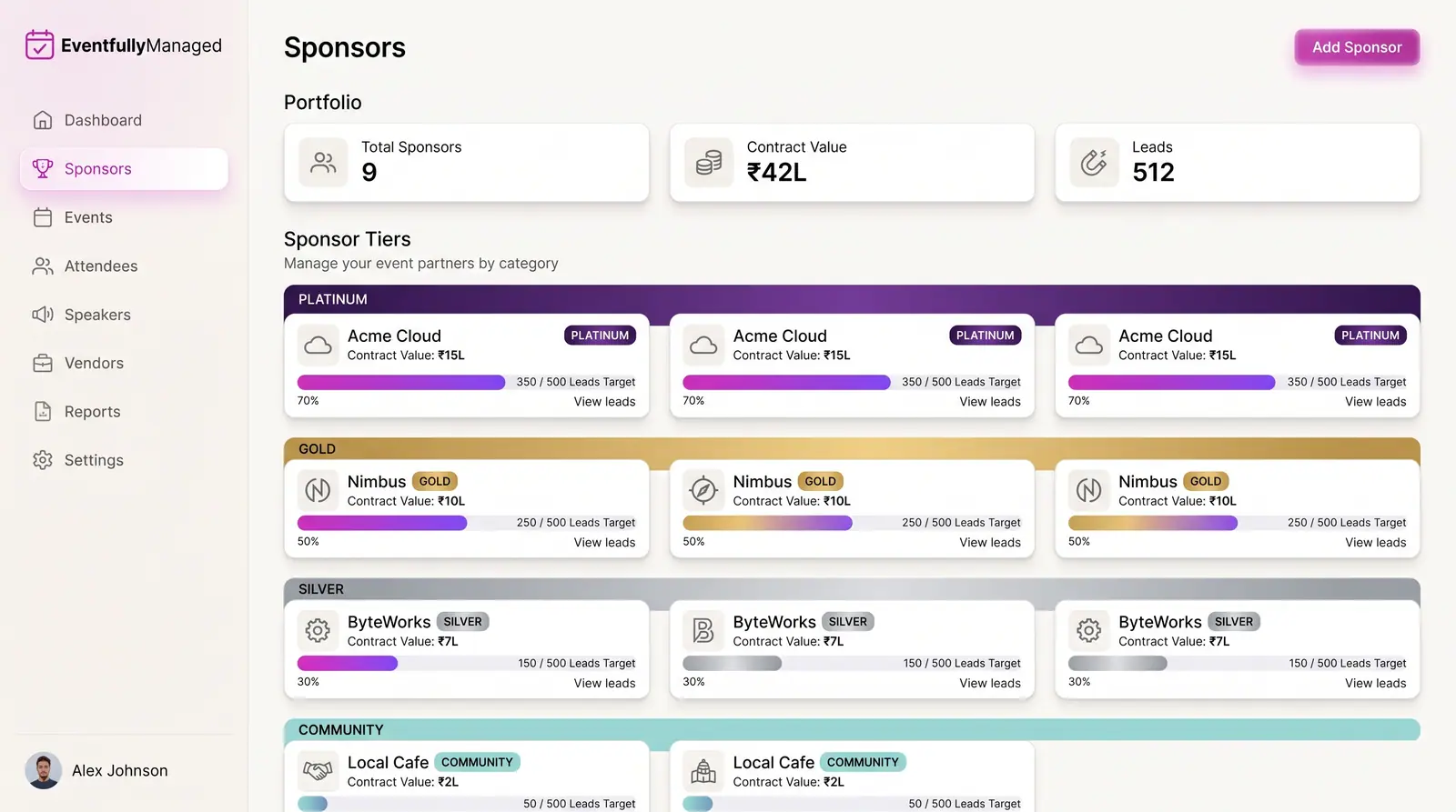 Concept illustration of an EventfullyManaged sponsors page with portfolio totals and sponsor cards grouped by tier with lead target progress bars