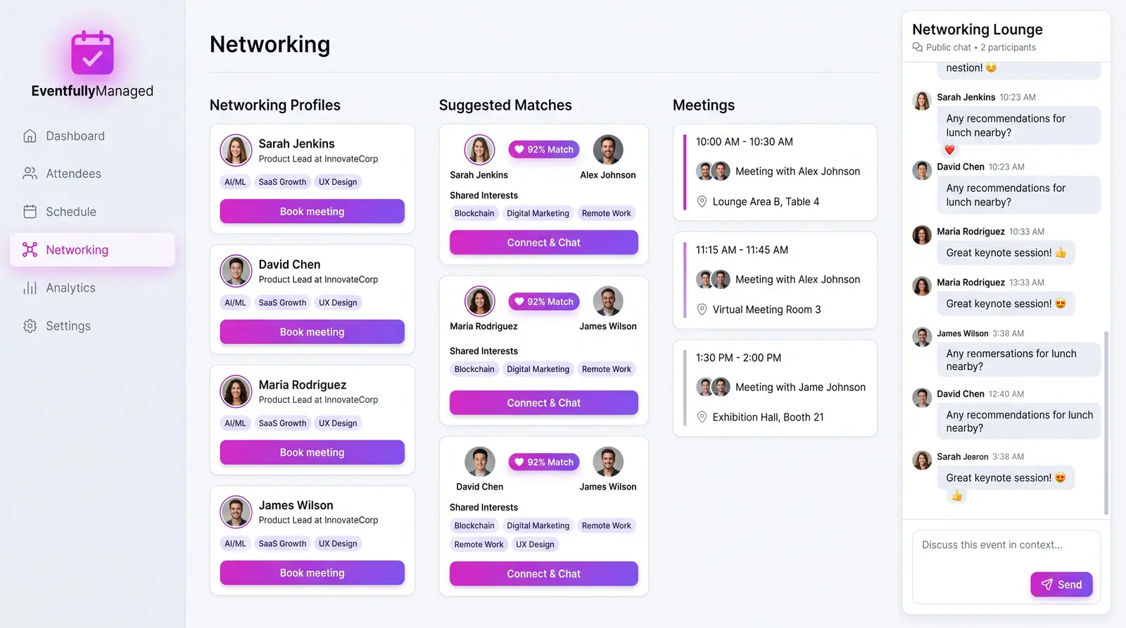 Concept illustration of an EventfullyManaged networking page with profile cards, match suggestions, a meetings list and a lounge chat panel
