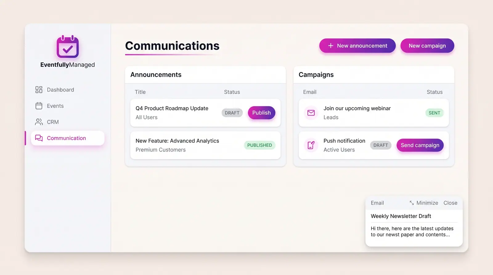 Concept illustration of an EventfullyManaged communications page with announcement and campaign lists, status badges and an email composer