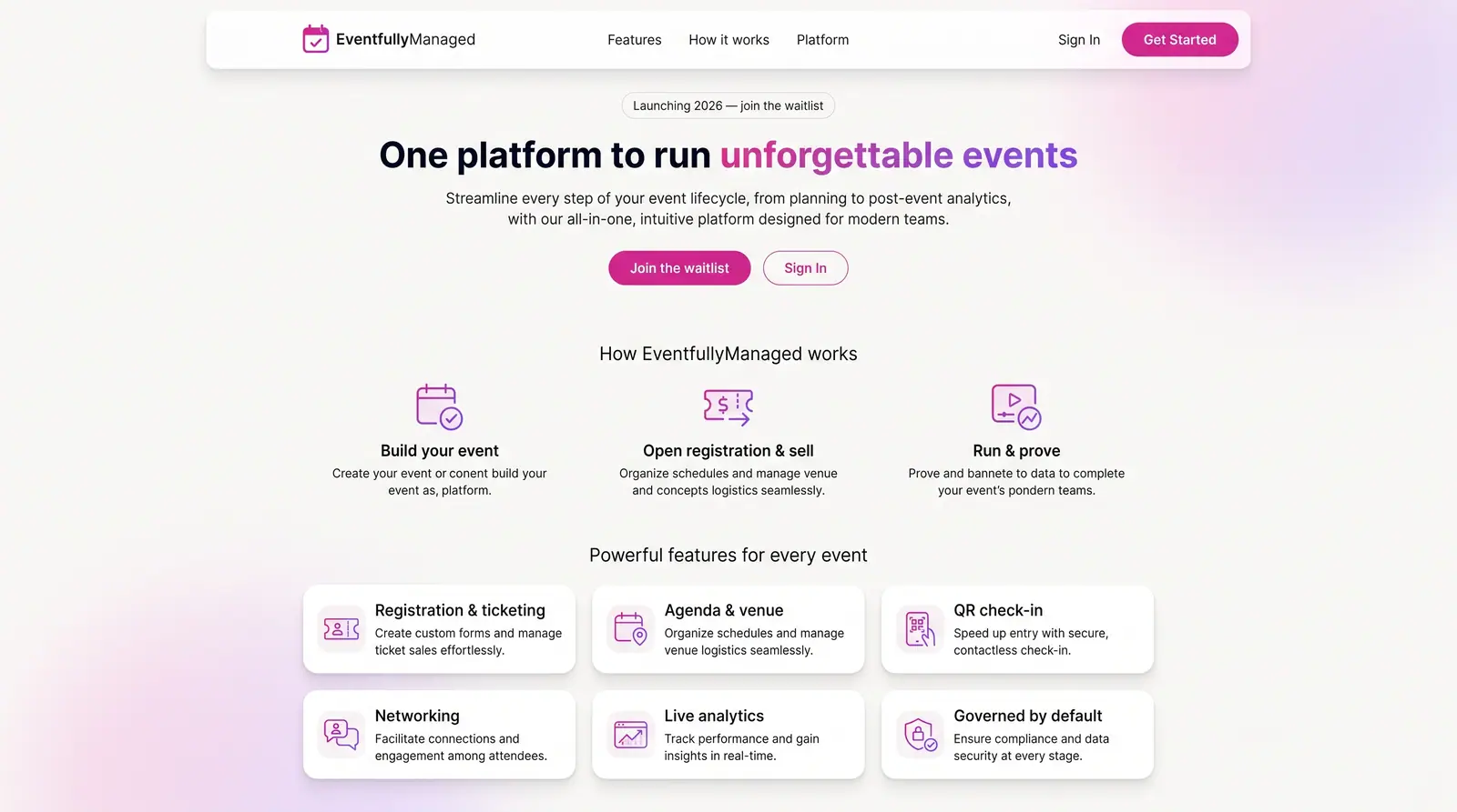 Concept illustration of the EventfullyManaged landing page with a hero headline, three how-it-works steps and six feature cards.
