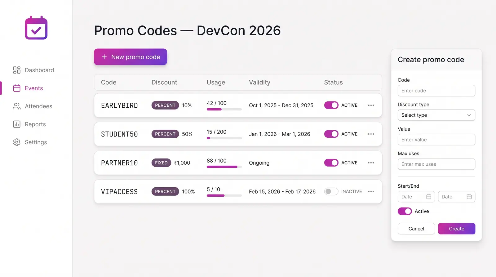 Concept illustration of an EventfullyManaged promo code table with discount badges, usage bars and validity dates beside a create code panel