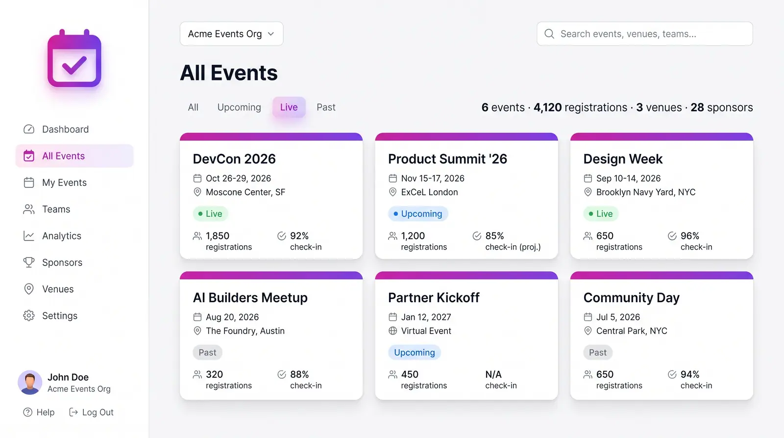 Concept illustration of an organization event portfolio with filter tabs and a grid of event cards showing status and metrics.