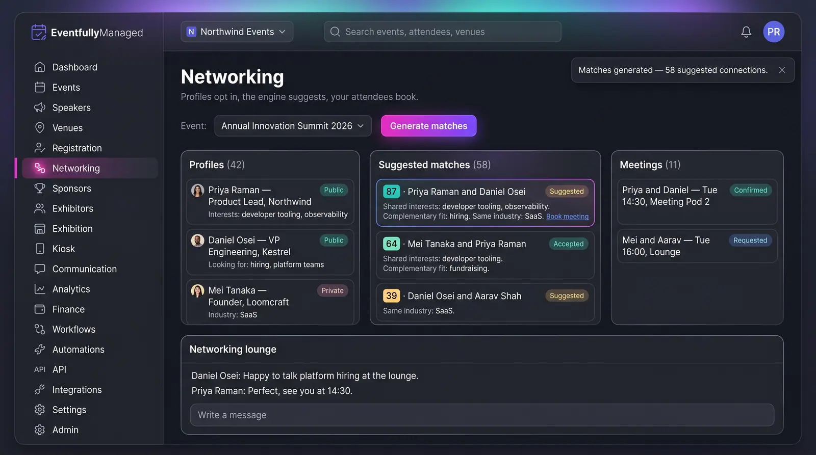 Concept illustration of an EventfullyManaged dark-theme networking page with a Generate matches button, scored matches with reasons and meetings