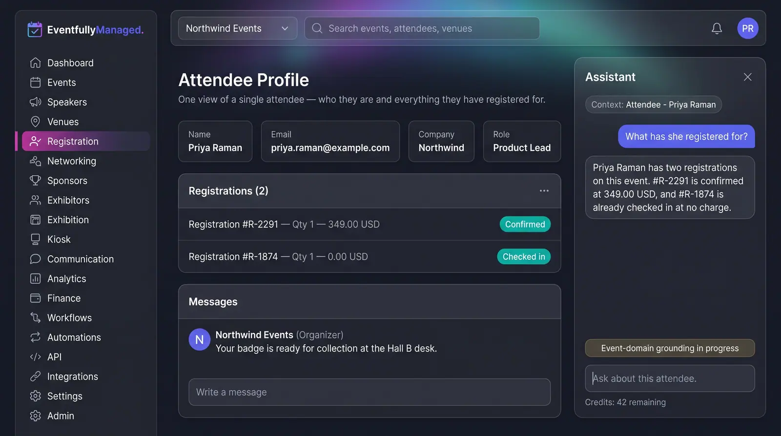 Concept illustration of an attendee profile with registrations and messages, and an assistant panel answering a question about that attendee