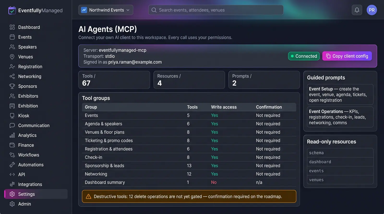 Concept illustration of an AI agents settings page with MCP connection status, tool and resource counts, a tool groups table and guided workflows