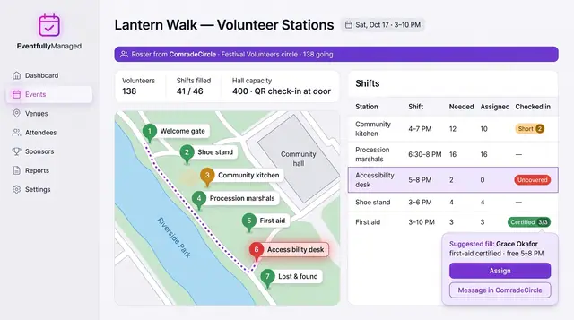 Concept illustration of a festival volunteer board with numbered stations on a park map, a shifts table with coverage status and a suggested fill