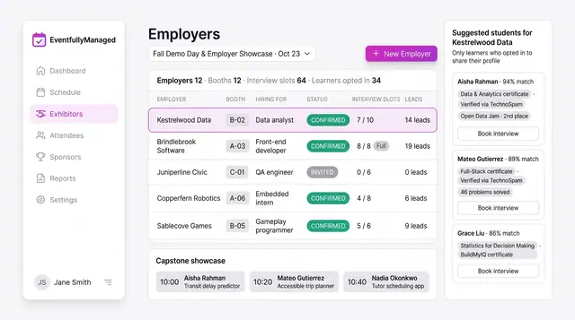 Concept illustration of an employers table with booths, roles, interview slots and leads beside opted-in students with verified certificates