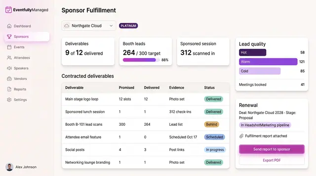 Concept illustration of a sponsor fulfillment page with contracted deliverables, evidence and status, lead quality bars and a renewal panel