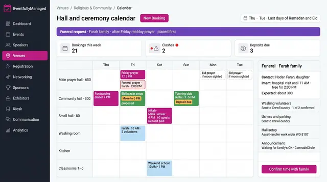 Concept illustration of a hall and ceremony calendar with rooms by day, a funeral request placed first, booking and clash counts and a funeral panel