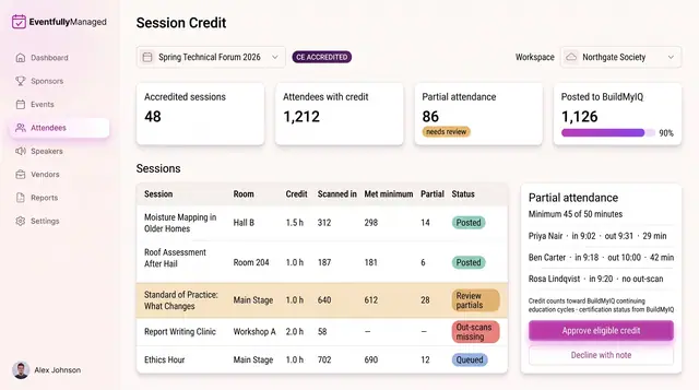 Concept illustration of a session credit ledger with summary tiles, an accredited sessions table and a partial attendance review panel
